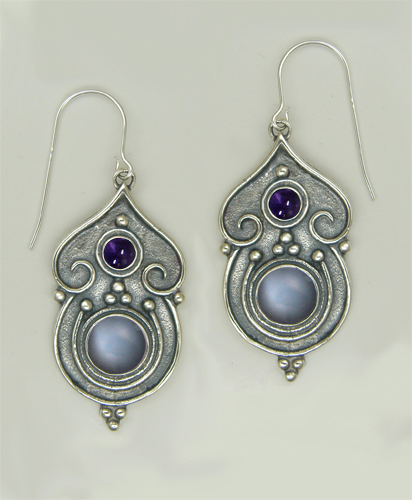 Sterling Silver Gothic Inspired Drop Dangle Earrings With Grey Moonstone And Iolite